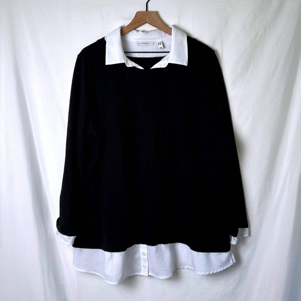 Isaac Mizrahi Live Women Layered Look Pullover Top Size 2X Black White Preppy